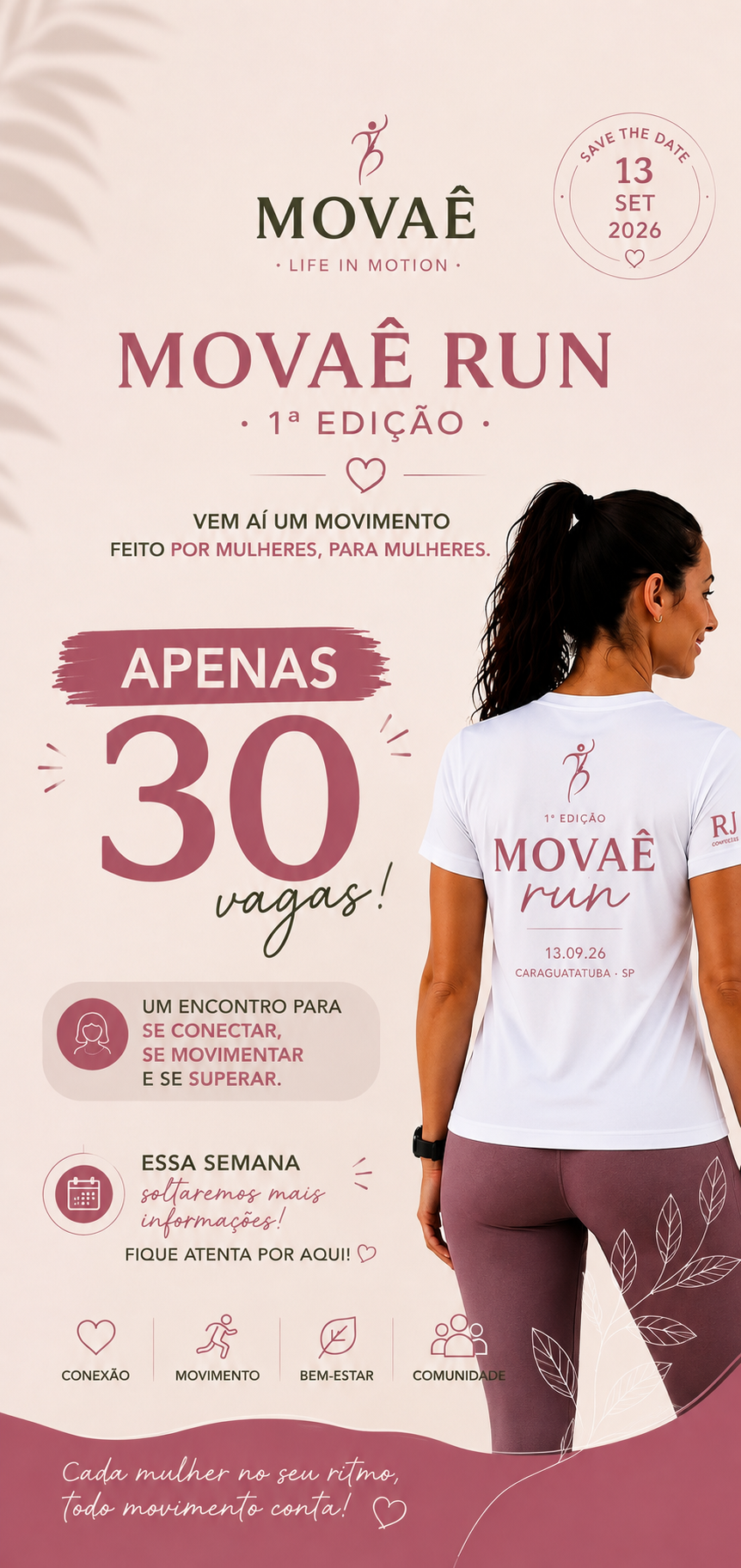 Poster oficial do MOVAÊ Run — 1ª edição, 13 de setembro de 2026, 30 vagas